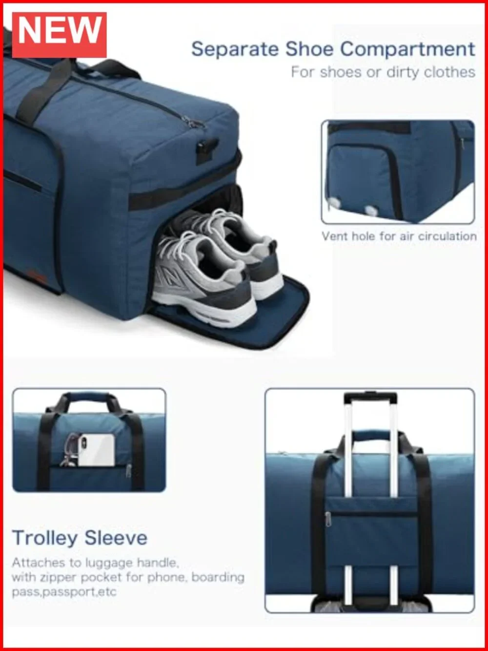 Foldable Waterproof Travel Duffel Bag with Shoe Compartment 120L